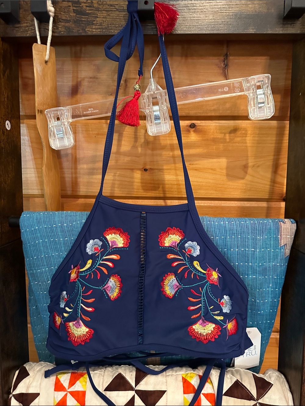 Time and Tru Navy Floral Embroidered High-Neck Bikini Top